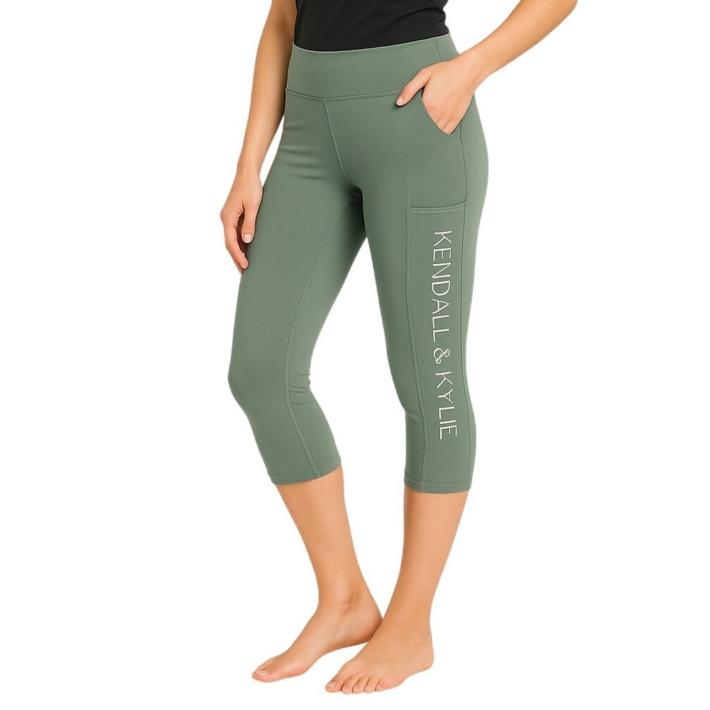 Kendall Kylie Capri Pants Large Foggy Green High Rise Yoga‎ Pockets Athleisure